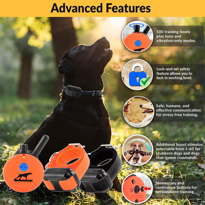 E-Collar the Upland Dog Training Collar W/Remote - 100 Levels of Safe Stimulation, Night Light, Waterproof, Rechargeable, Includes Premium Finger Clicker for 1 Mile 2 Med/Large Dogs, Orange