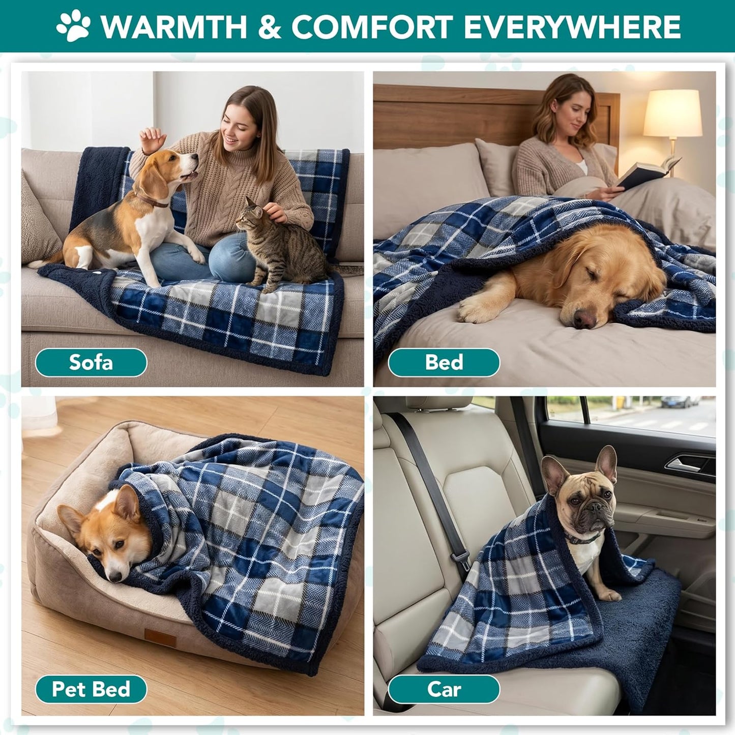 Dog Blanket for Medium Large Dogs, Pet Bed Blanket Cat Puppy Kitten, Fleece Furniture Couch Cover Protector Sofa Car, Soft Sherpa Dog Throw Plush Reversible Washable, 40X60 Plaid Navy Blue