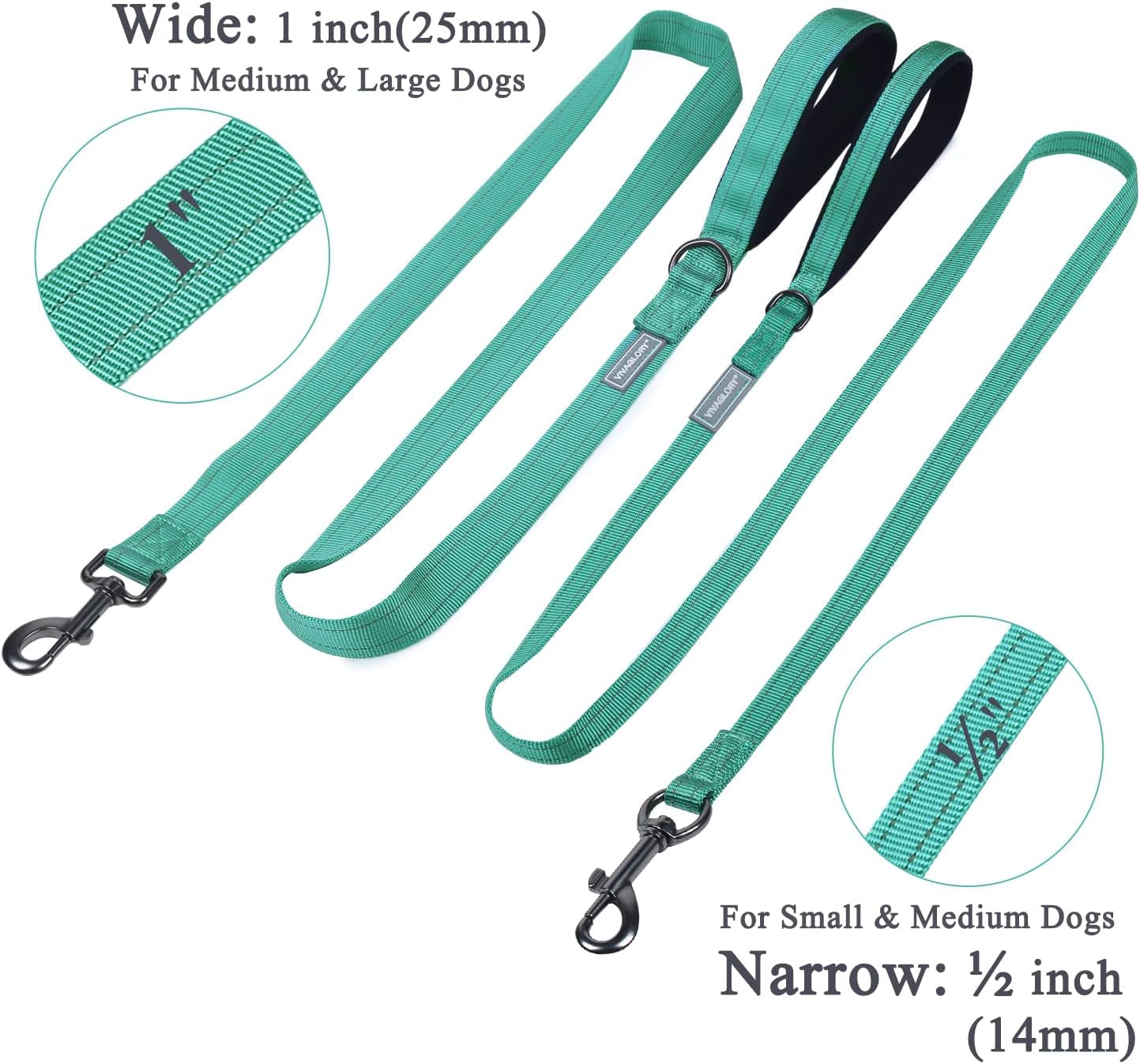 Dog Leash Dailyx Pet Leash with Soft Padded Handle for Training & Walking, Heavy Duty & Double Layer Nylon for Pet Puppy Collar, 5Ft X 1In, Green