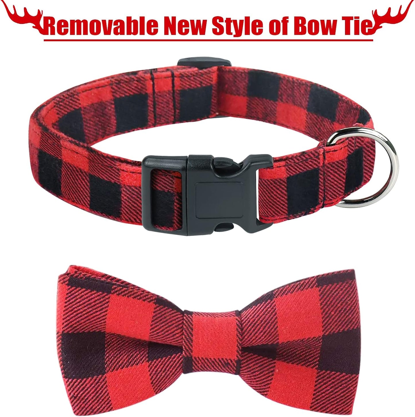 2 Pack Christmas Dog Collar with Bow Tie, Classic Plaid Pattern Dog Collar with Light Adjustable Buckle Red Dog Collar for Small Medium Large Dogs Cats Pets (Red + Black, Large)