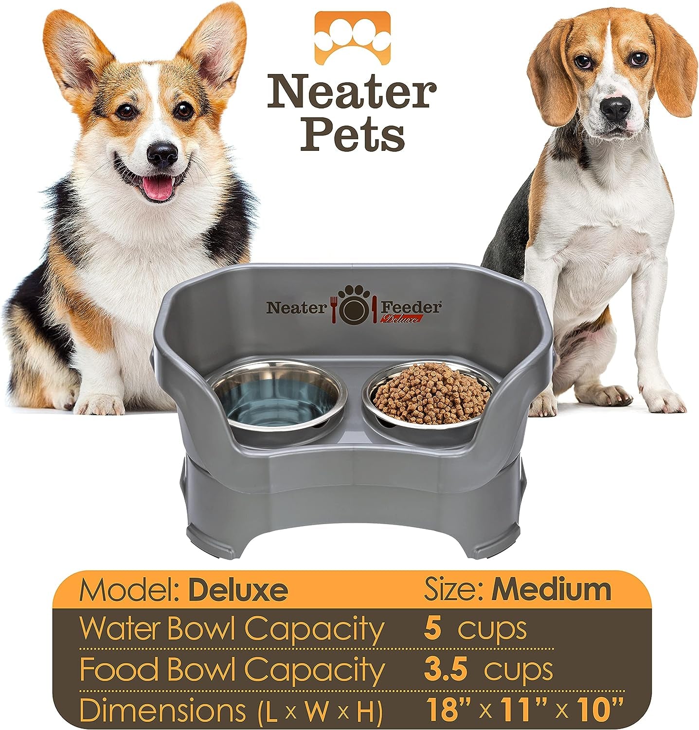 Neater Feeder Deluxe Mess Proof Dog Bowls Elevated for Medium Dogs 19-40 Lbs, Made in USA, No Spill Raised Dog Food Bowl Stand Feeding Station, Food and Water Bowl Set, Gunmetal
