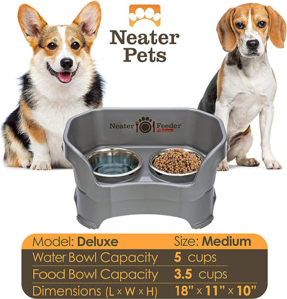 Neater Feeder Deluxe Mess Proof Dog Bowls Elevated for Medium Dogs 19-40 Lbs, Made in USA, No Spill Raised Dog Food Bowl Stand Feeding Station, Food and Water Bowl Set, Gunmetal