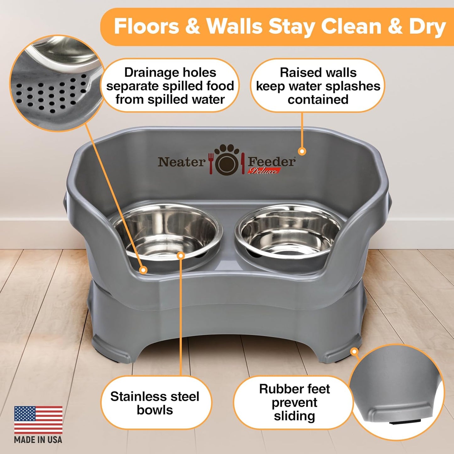 Neater Feeder Deluxe Mess Proof Dog Bowls Elevated for Medium Dogs 19-40 Lbs, Made in USA, No Spill Raised Dog Food Bowl Stand Feeding Station, Food and Water Bowl Set, Gunmetal