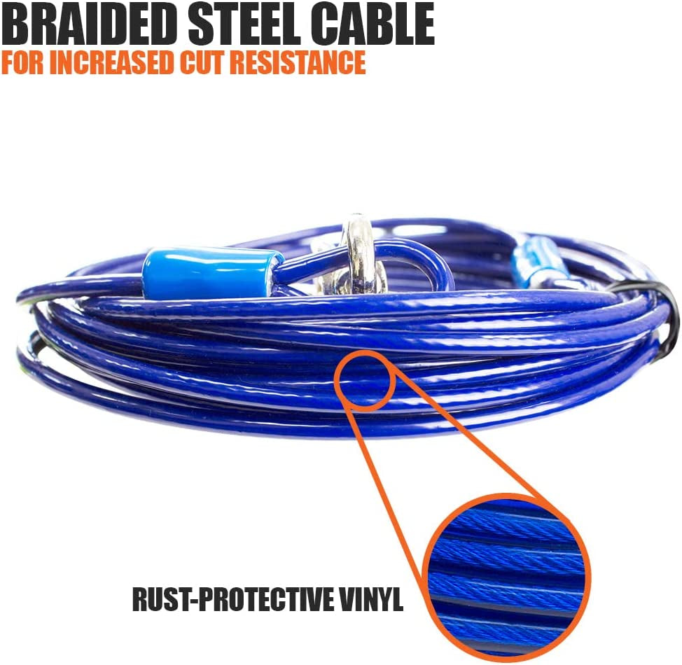 Dog Tie Out Cable 25 Feet - Heavy Duty Dog Lead up to 60 Pounds - Reflective & Rust-Free with Quick Release Swivel Clips & 360° Rotating Clasp - Tangle-Free Dogs Runner for Yard (Blue, Single)