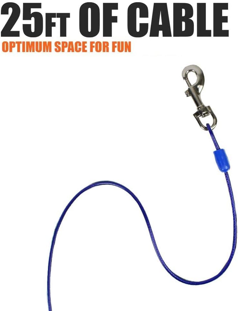Dog Tie Out Cable 25 Feet - Heavy Duty Dog Lead up to 60 Pounds - Reflective & Rust-Free with Quick Release Swivel Clips & 360° Rotating Clasp - Tangle-Free Dogs Runner for Yard (Blue, Single)