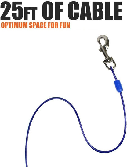 Dog Tie Out Cable 25 Feet - Heavy Duty Dog Lead up to 60 Pounds - Reflective & Rust-Free with Quick Release Swivel Clips & 360° Rotating Clasp - Tangle-Free Dogs Runner for Yard (Blue, Single)