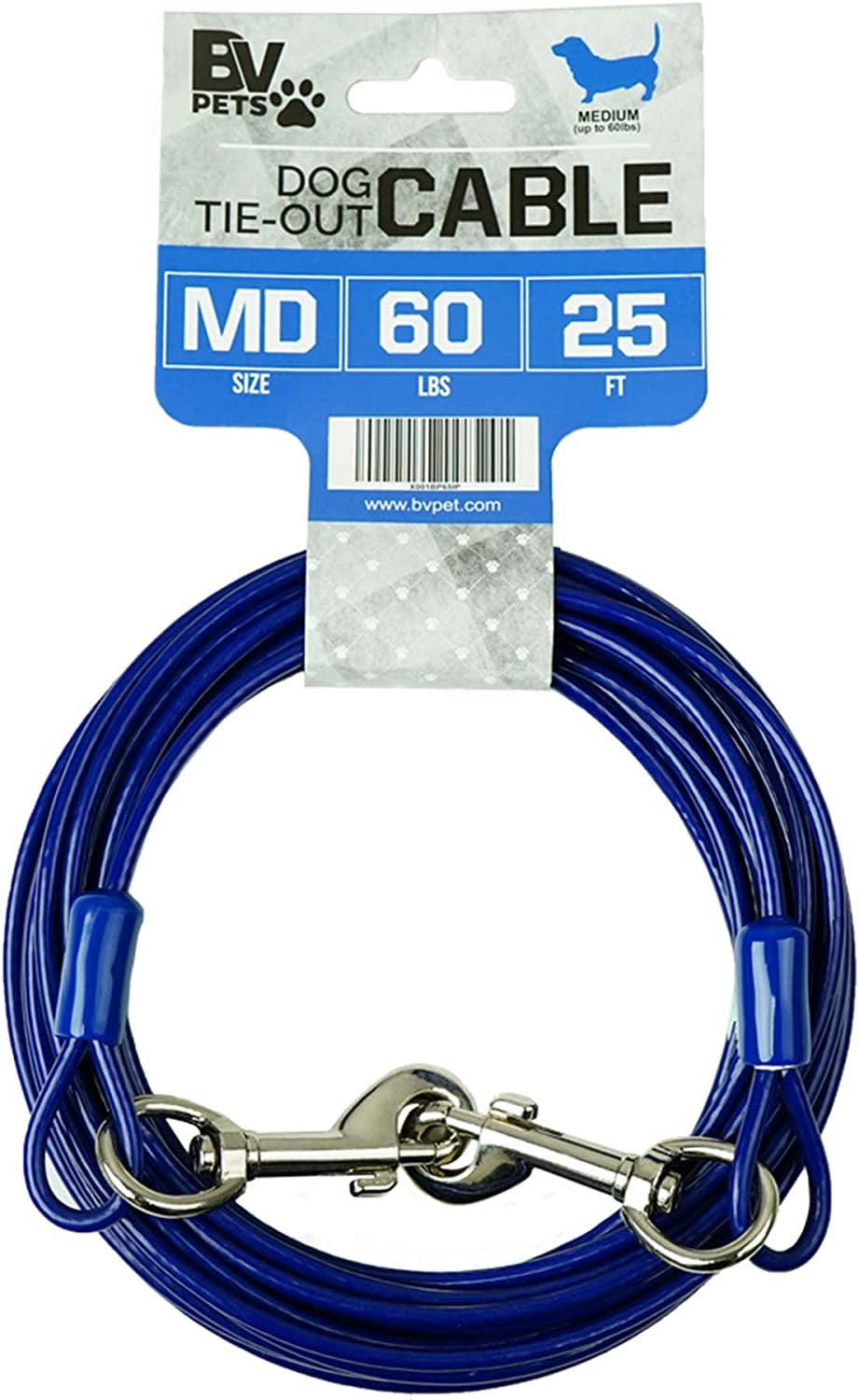 Dog Tie Out Cable 25 Feet - Heavy Duty Dog Lead up to 60 Pounds - Reflective & Rust-Free with Quick Release Swivel Clips & 360° Rotating Clasp - Tangle-Free Dogs Runner for Yard (Blue, Single)
