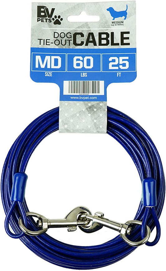 Dog Tie Out Cable 25 Feet - Heavy Duty Dog Lead up to 60 Pounds - Reflective & Rust-Free with Quick Release Swivel Clips & 360° Rotating Clasp - Tangle-Free Dogs Runner for Yard (Blue, Single)