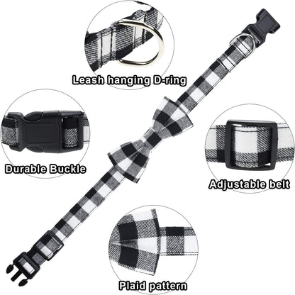 2 Pack Christmas Dog Collar with Bow Tie, Classic Plaid Pattern Dog Collar with Light Adjustable Buckle Red Dog Collar for Small Medium Large Dogs Cats Pets (Red + Black, Large)