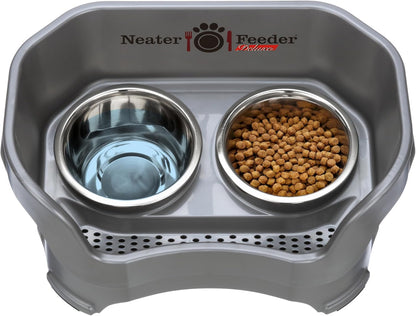 Neater Feeder Deluxe Mess Proof Dog Bowls Elevated for Medium Dogs 19-40 Lbs, Made in USA, No Spill Raised Dog Food Bowl Stand Feeding Station, Food and Water Bowl Set, Gunmetal