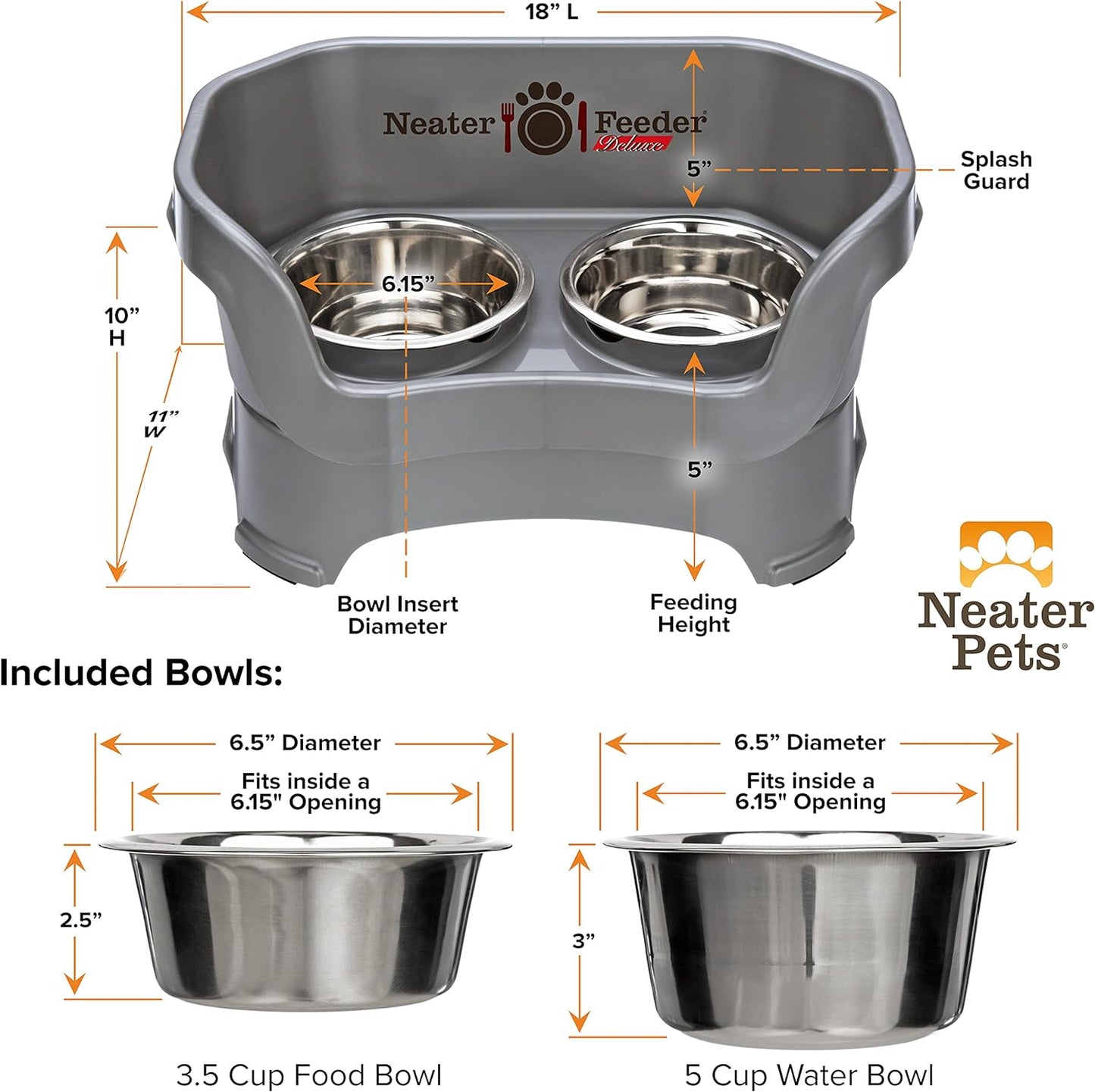 Neater Feeder Deluxe Mess Proof Dog Bowls Elevated for Medium Dogs 19-40 Lbs, Made in USA, No Spill Raised Dog Food Bowl Stand Feeding Station, Food and Water Bowl Set, Gunmetal