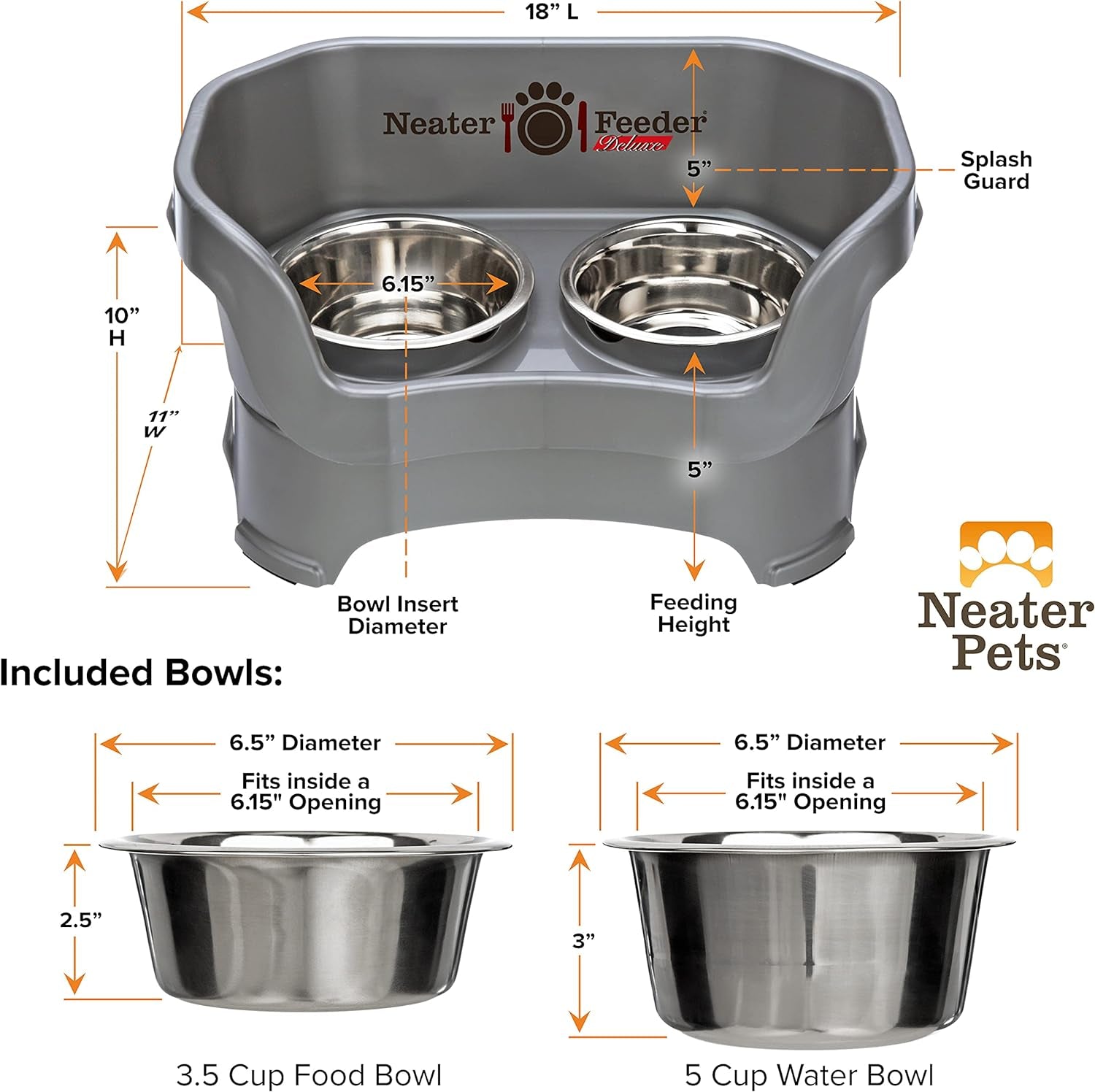 Neater Feeder Deluxe Mess Proof Dog Bowls Elevated for Medium Dogs 19-40 Lbs, Made in USA, No Spill Raised Dog Food Bowl Stand Feeding Station, Food and Water Bowl Set, Gunmetal