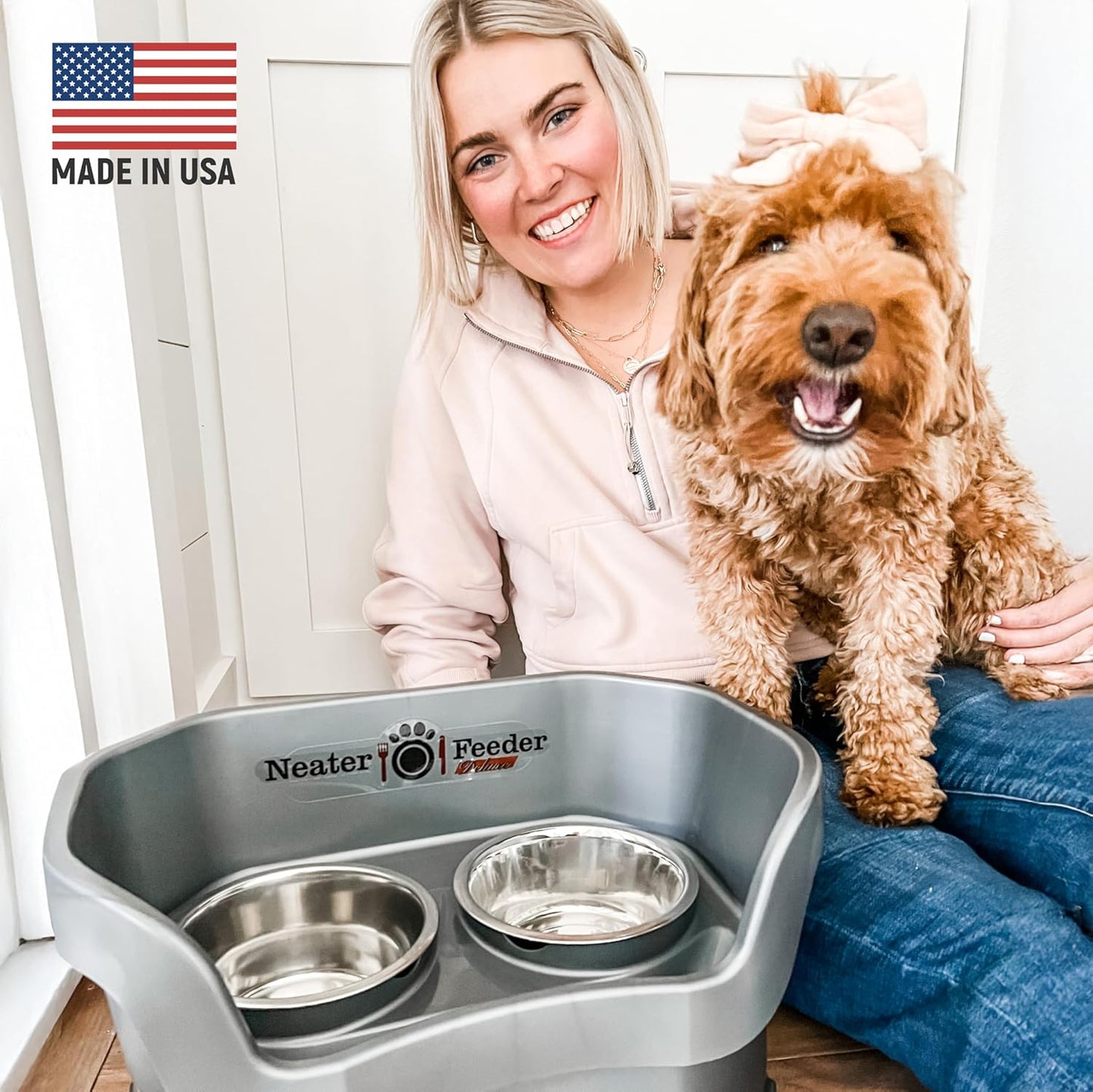 Neater Feeder Deluxe Mess Proof Dog Bowls Elevated for Medium Dogs 19-40 Lbs, Made in USA, No Spill Raised Dog Food Bowl Stand Feeding Station, Food and Water Bowl Set, Gunmetal