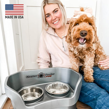 Neater Feeder Deluxe Mess Proof Dog Bowls Elevated for Medium Dogs 19-40 Lbs, Made in USA, No Spill Raised Dog Food Bowl Stand Feeding Station, Food and Water Bowl Set, Gunmetal
