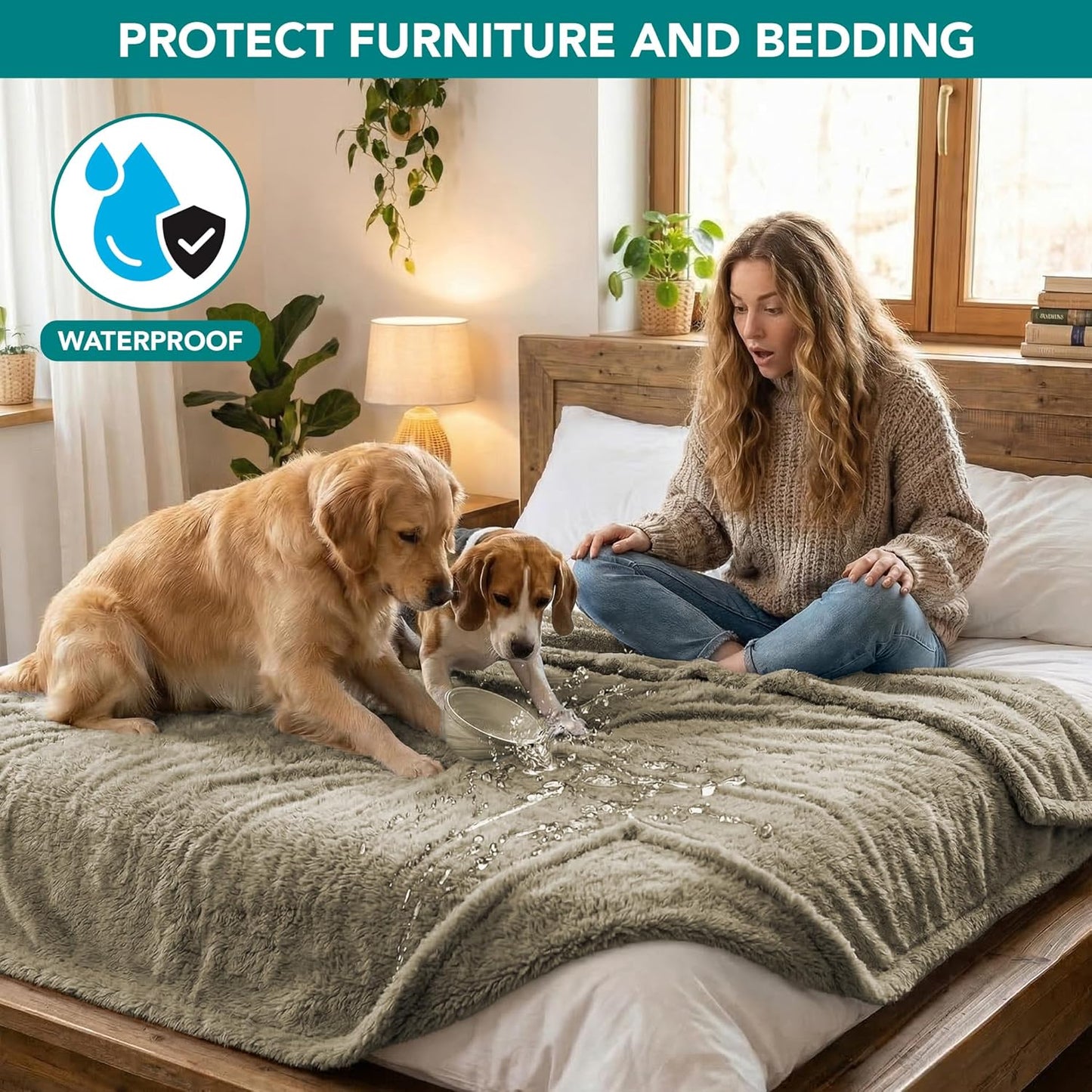 Fluffy Waterproof Dog Blanket for Bed Large Dogs, Soft Warm Pet Sherpa Throw Pee Proof Couch Cover, Reversible Cat Blanket Sofa Crate Kennel Protector, Washable Mat (Taupe Camel, 60X80)