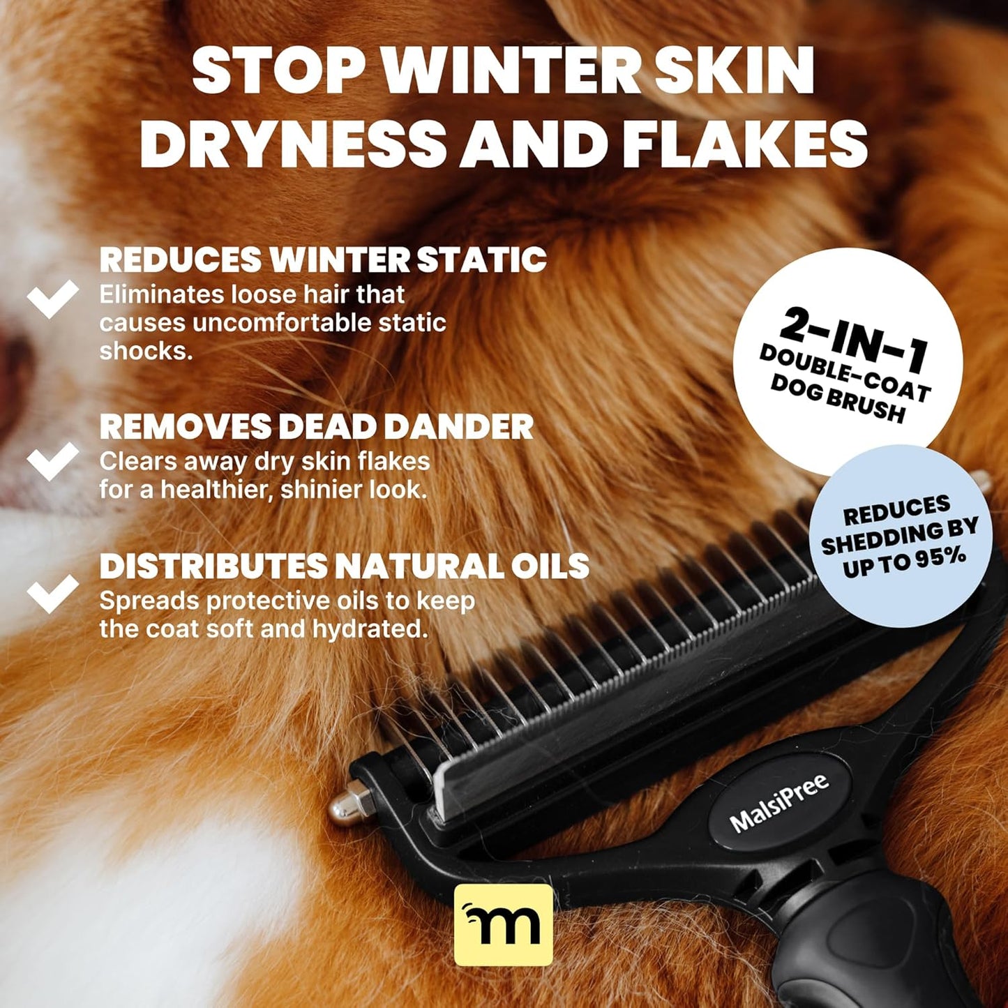Dog Brush - Large, Black - 2-In-1 Undercoat Rake & Dematting Rake - Shedding Brush & Deshedding Tool for Medium to Large Double-Coated Dogs & Cats