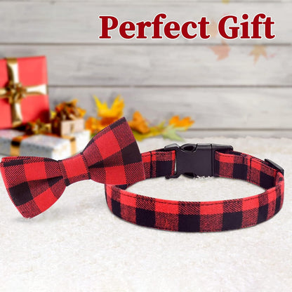 2 Pack Christmas Dog Collar with Bow Tie, Classic Plaid Pattern Dog Collar with Light Adjustable Buckle Red Dog Collar for Small Medium Large Dogs Cats Pets (Red + Black, Large)