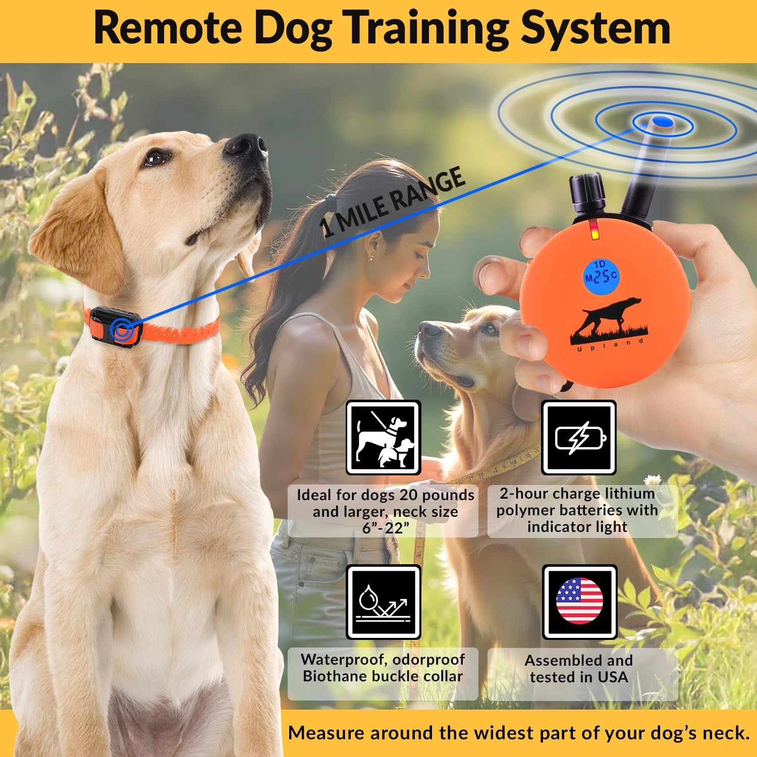 E-Collar the Upland Dog Training Collar W/Remote - 100 Levels of Safe Stimulation, Night Light, Waterproof, Rechargeable, Includes Premium Finger Clicker for 1 Mile 2 Med/Large Dogs, Orange