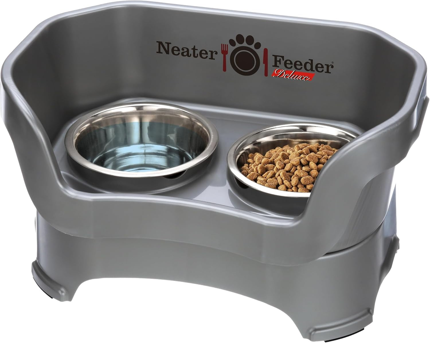 Neater Feeder Deluxe Mess Proof Dog Bowls Elevated for Medium Dogs 19-40 Lbs, Made in USA, No Spill Raised Dog Food Bowl Stand Feeding Station, Food and Water Bowl Set, Gunmetal